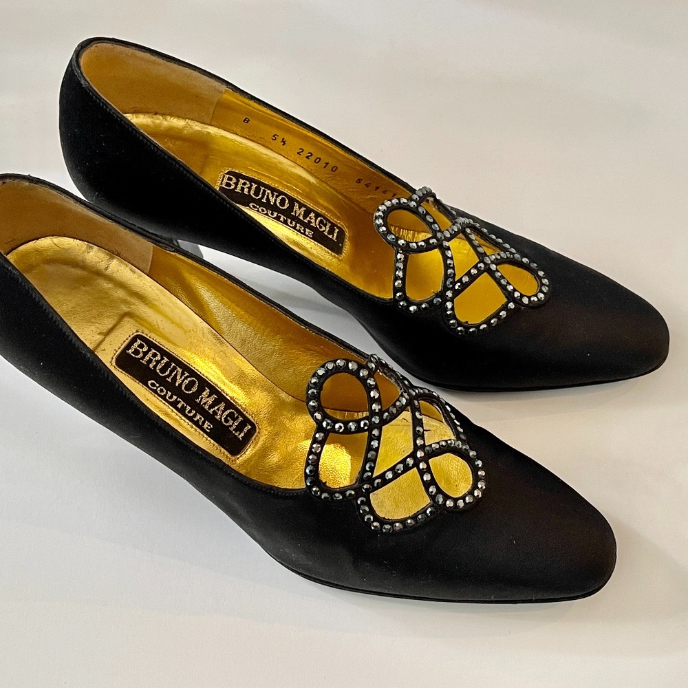 Black Satin Bruno Magli Couture Dress Pumps, Size 5.5